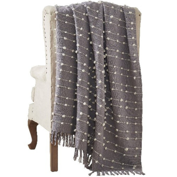 60 X 70 Gray Pompom Stripe Cotton Throw