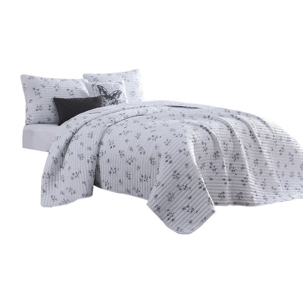 5 Piece Q/K White And Gray Floral Print Quilt Set