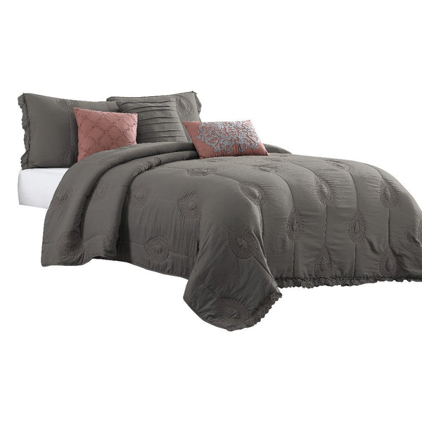 6 Piece King Gray Leaf Embroidery Quilt Set