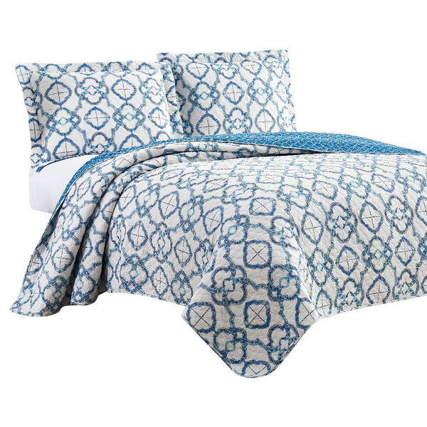 3 Piece King Blue Embroidered Quilt Set